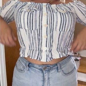 Blue & White Stripped Crop Top Off The Shoulder